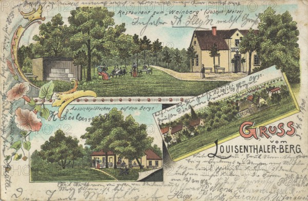 Historical postcard around 1900, greetings from Louisenthaler-Berg, various views around