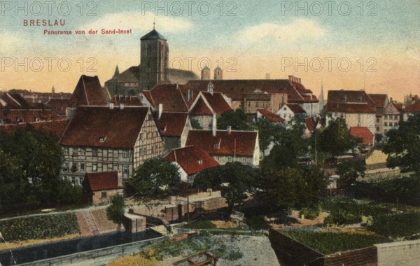 Historical postcard around 1900, Wroclaw, panorama of the Sand Island, today Wroclaw, Lower