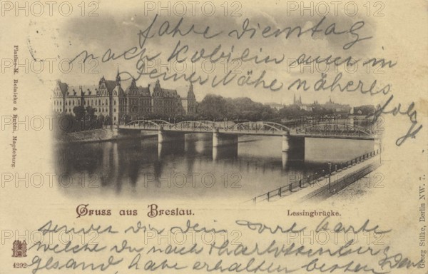 Historical postcard around 1900, The Lessing Bridge in Breslau, today Wroclaw, Lower Silesia,