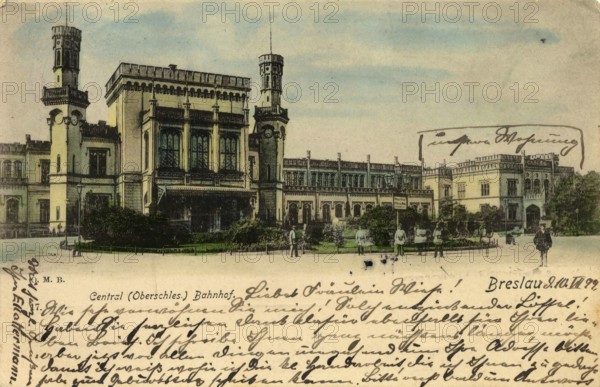 Historical postcard around 1900, central station of Wroclaw, today Wroclaw, Lower Silesia, Poland,