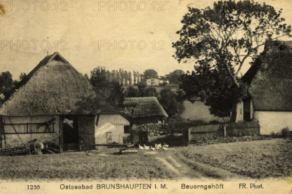 Historic postcard around 1900, Baltic resort Brunshaupten i.M, farmers' homestead, historic town on