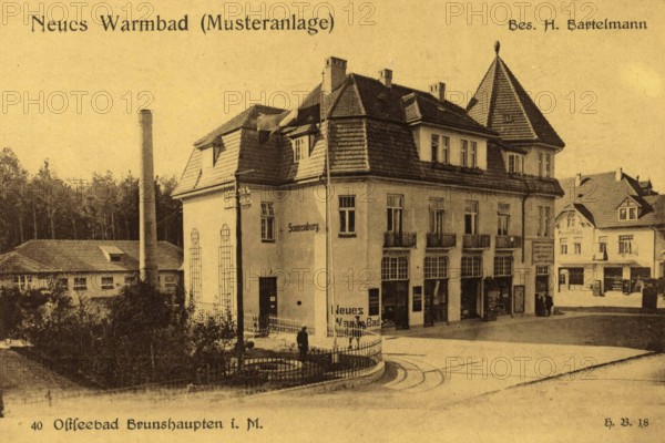 Historic postcard around 1900, Baltic resort Brunshaupten i.M, Neues Warmbad, historic town on the
