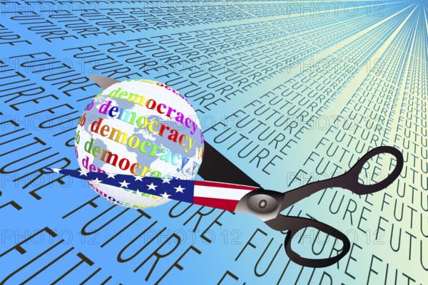 Symbolic image, future threatened, gap cuts democracy, Trump and Maga movement as a threat to USA