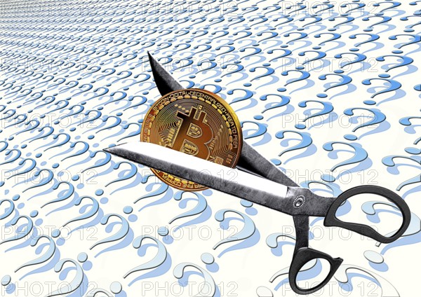 Symbolic image, scissors divide Bitcoin into question marks, stock prices, uncertain digital