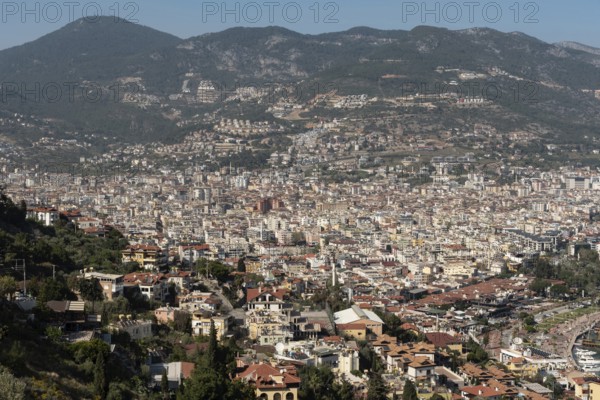 Alanya, Turkey. April 7th 2021 Aerial view of Alanya city set on the slopes the Taurus Mountains,