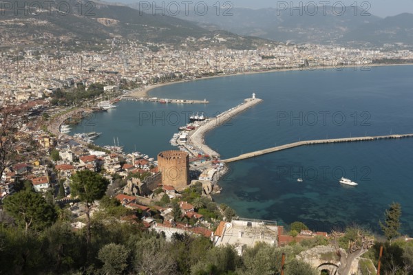 Alanya, Turkey. April 7th 2021 Landscape view of Alanya Harbour and the Red Tower with the Taurus