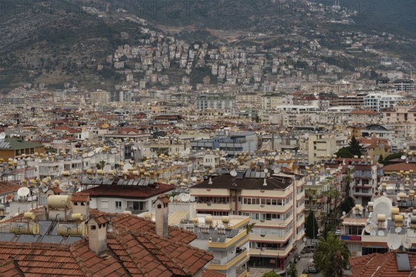 Alanya, Turkey. April 6th 2021 Aerial view of rooftops of the crowded city of Alanya on the Turkish
