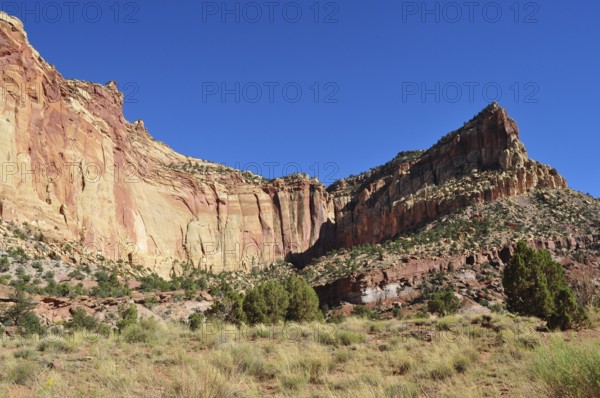 Steeply sloping rocky landscape with sparse vegetation under bright blue sky, Capitol Reef National
