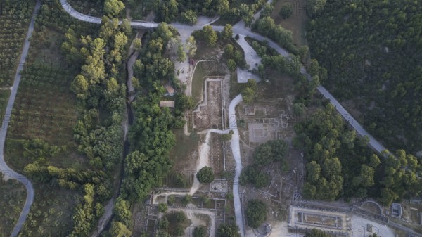 Olympic excavation site from high altitude, Temple of Zeus, Temple of Hera, Palestra Philippeion,