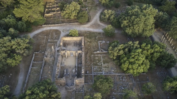 Workshop of Phidias and Early Christian Bailica, morning light, aerial view of an ancient ruined
