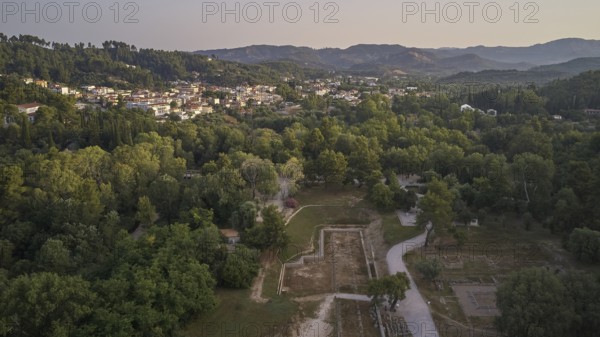 Soft morning light, village, ancient gymnasium, North-Eastern Propylon, Prytaneion, overview of an