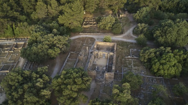 Workshop of Phidias and Early Christian Bailica, morning light, aerial view of ancient ruins in the