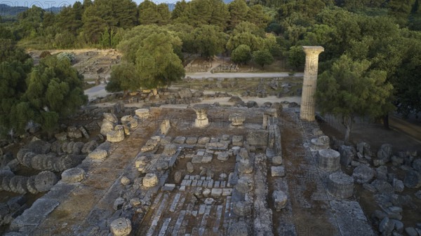 Temple of Zeus in morning light, remains of ancient structures in a wooded region with a prominent