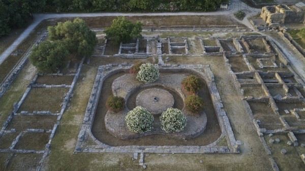 Soft morning light, central part of Leonidaion, aerial view of ancient foundations surrounded by