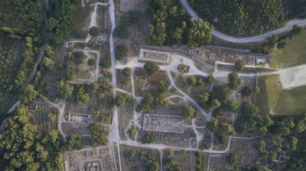 Olympic excavation site from high altitude, Temple of Zeus, Temple of Hera, Leonidaion, Palestra