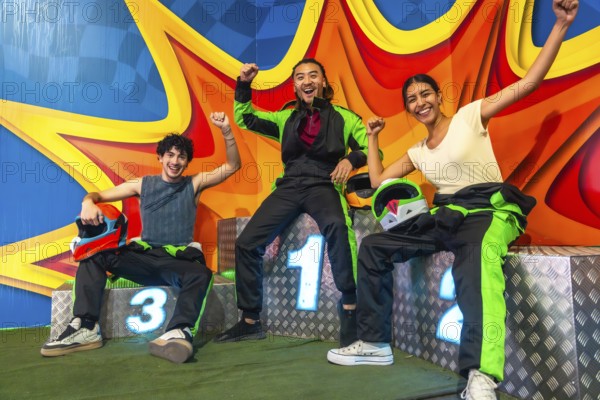 Three young multi ethnic friends on a karting podium, smiling and raising arms in victory while