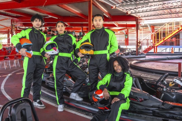 Diverse group of young adult friends standing in racing suits and holding helmets, preparing for a