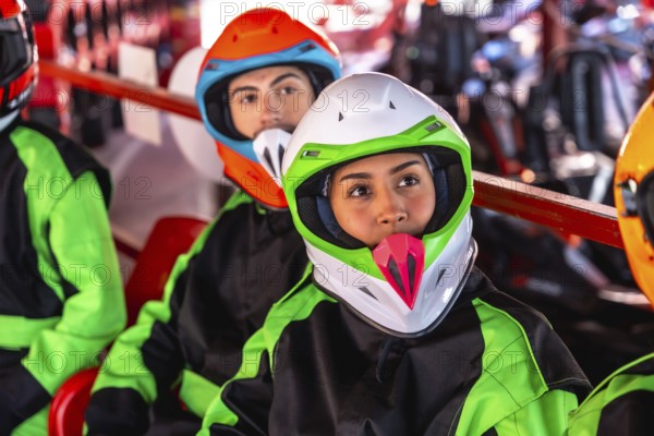 Young man and woman in racing suits and helmets sit in a go kart at the starting line, focused and