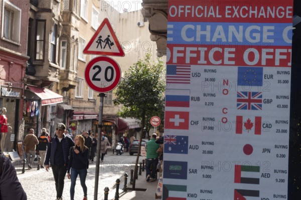 Istanbul, Turkey 7th January 2025. Currency exchange rates displayed outside a Bureau de Change
