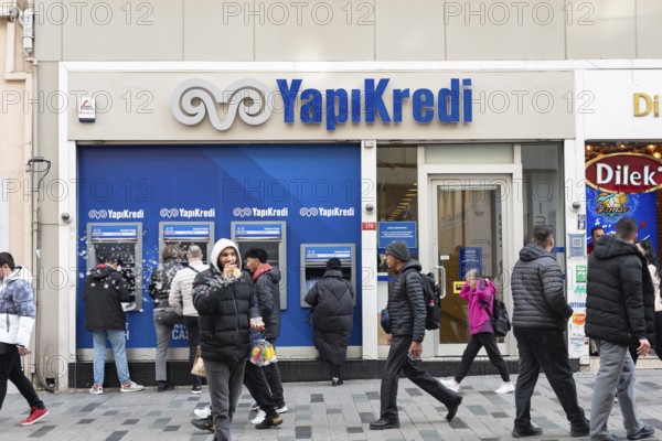 Istanbul, Turkey 7th January 2025. Yapikredi Bank branch in a busy shopping Istiklal street in