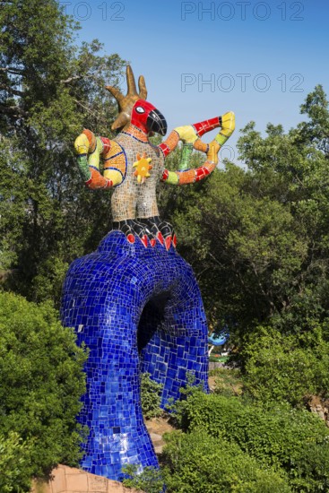 Colourful sculptures made of glass and mirrors, Giardino dei Tarocchi, Garden of Tarot, by Niki de