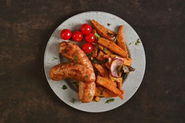 Top view of natural casing sausages on a plate alongside roasted sweet potatoes, onions, and cherry