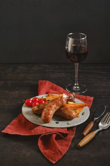 Natural casing sausages sit on a plate next to cherry tomatoes and roasted sweet potatoes. A glass