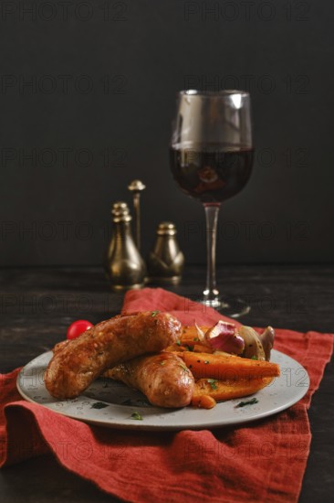 Sausages made with natural casings are placed on a plate with colorful vegetables. A glass of red