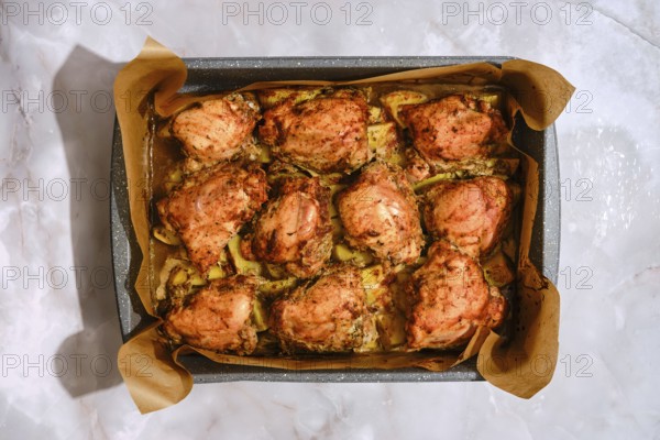 Baking tray with seasoned chicken thighs and sliced potatoes. The dish was roasted in an oven,