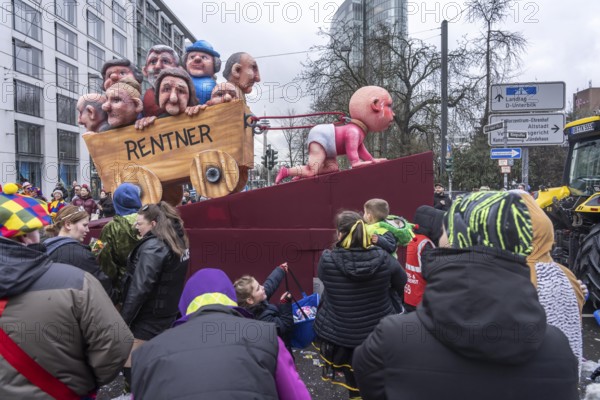 Rose Monday procession in Düsseldorf, theme car by wagon manufacturer Jacques Tilly, theme pension