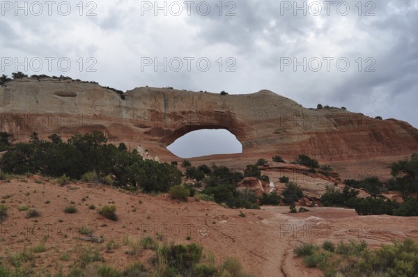Large natural rock arch in a red desert landscape surrounded by sparse vegetation and cloudy sky,