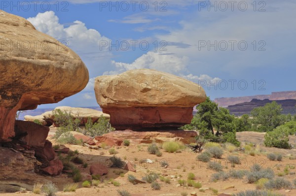 Round rock formations in a vast desert landscape with sparse vegetation and slightly cloudy sky,