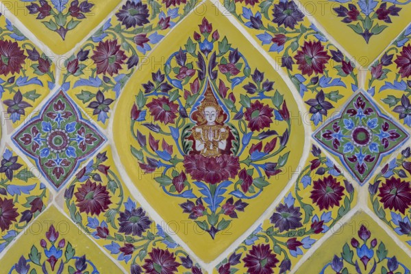 Coloured Bencharong ceramic tiles, depiction of Thai angels (devas) in diamond-shaped frames,