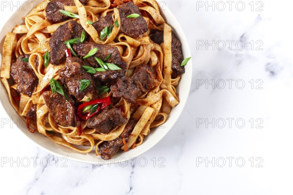 Udon noodles with Mongolian beef, green onions and vegetables, in a white plate, on a light
