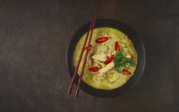 Green curry with chicken, traditional Thai cuisine, Asian food, homemade, no people