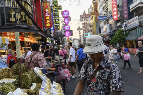 Bangkok, Thailand. February 18th 2025. Popular street food stalls along a crowded Yaowarat Road,