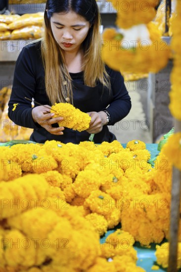Bangkok, Thailand. March 4th 2025. A Thai woman making traditional flower garlands at Pak khlong