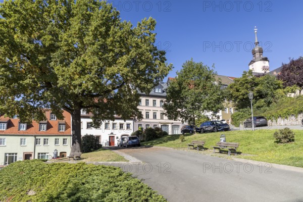 Houses on Altmarkt, St. Christophori church in the background, Hohenstein-Ernstthal, Saxony,