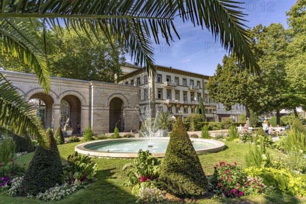 Fountain in the spa garden and arcade construction in the state spa Bad Kissingen, Lower Franconia,