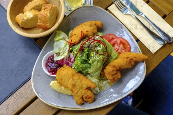 Styrian fried chicken salad, salad with fried chicken and pumpkin seeds, food, Achenkirch, Tyrol,