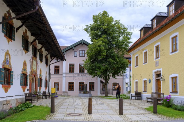 Lüftlmalerei, mock architecture, frescoed town hall, Ruhpolding, Chiemgau, Upper Bavaria, Bavaria,