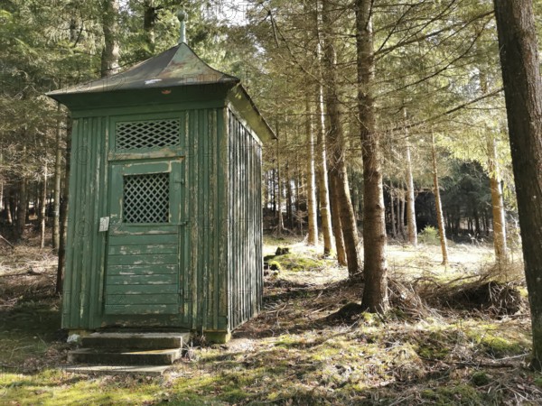 Small green wooden chapel in the forest in sunshine, hiking in the Franconian Forest nature park