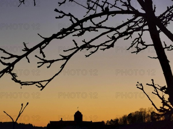 Branches in the foreground against a colorful sunset sky with the silhouette of Rosenberg Fortress