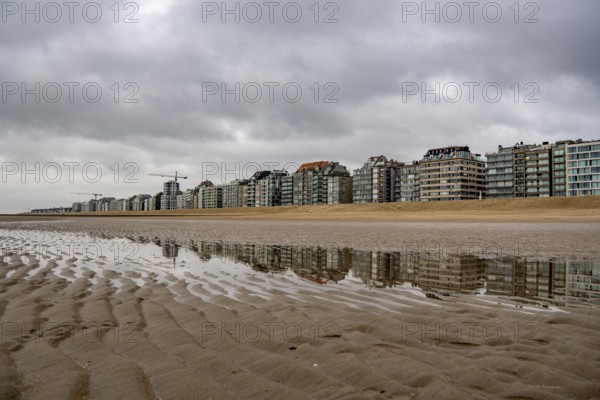The skyline of Knokke-Heist, on the North Sea beach, dreary winter day, mostly apartment buildings