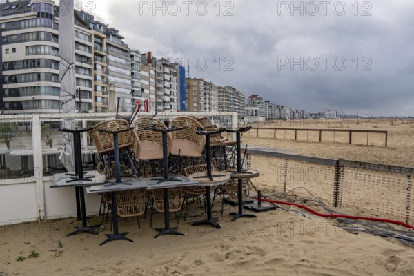 Winter break, closed terraces of catering establishments on Zeedijk-Knokke, beach promenade in