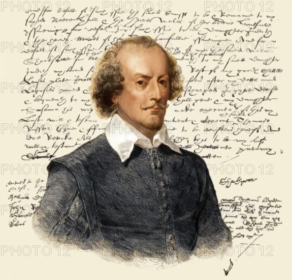 Portrait and facsimile of the testament of William Shakespeare, 1564 - 1616, English playwright,