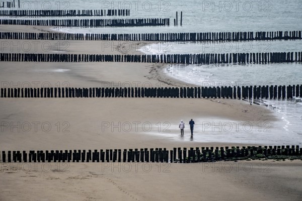Coastal protection, through wooden posts, paalhoofden, on the beach, breakwater, the piles, some of