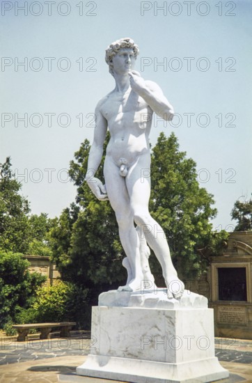 Full-scale marble replica of Michelangelo's David, located in the Court of David at Forest Lawn