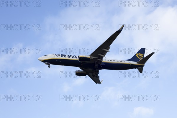 Boeing 737 commercial passenger airliner jet aircraft of Ryanair airways in flight on approach to