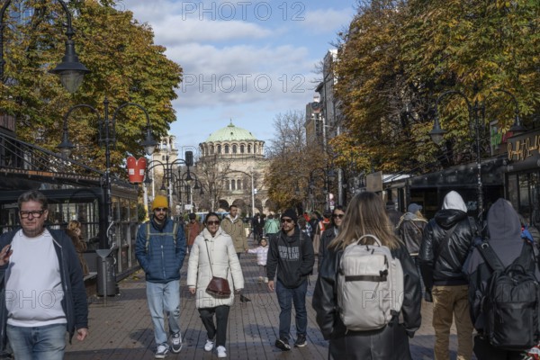 Sofia, Bulgaria. November 23rd 2025. The popular Vitosha Street in the center of Sofia busy with